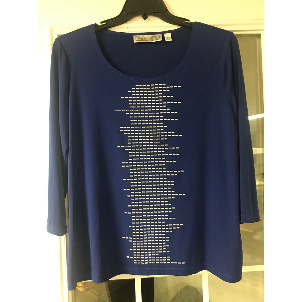 SIMONTON Says Women Blue 3/4 Sleeve Top Geometric Studs‎ Embellishment Size L